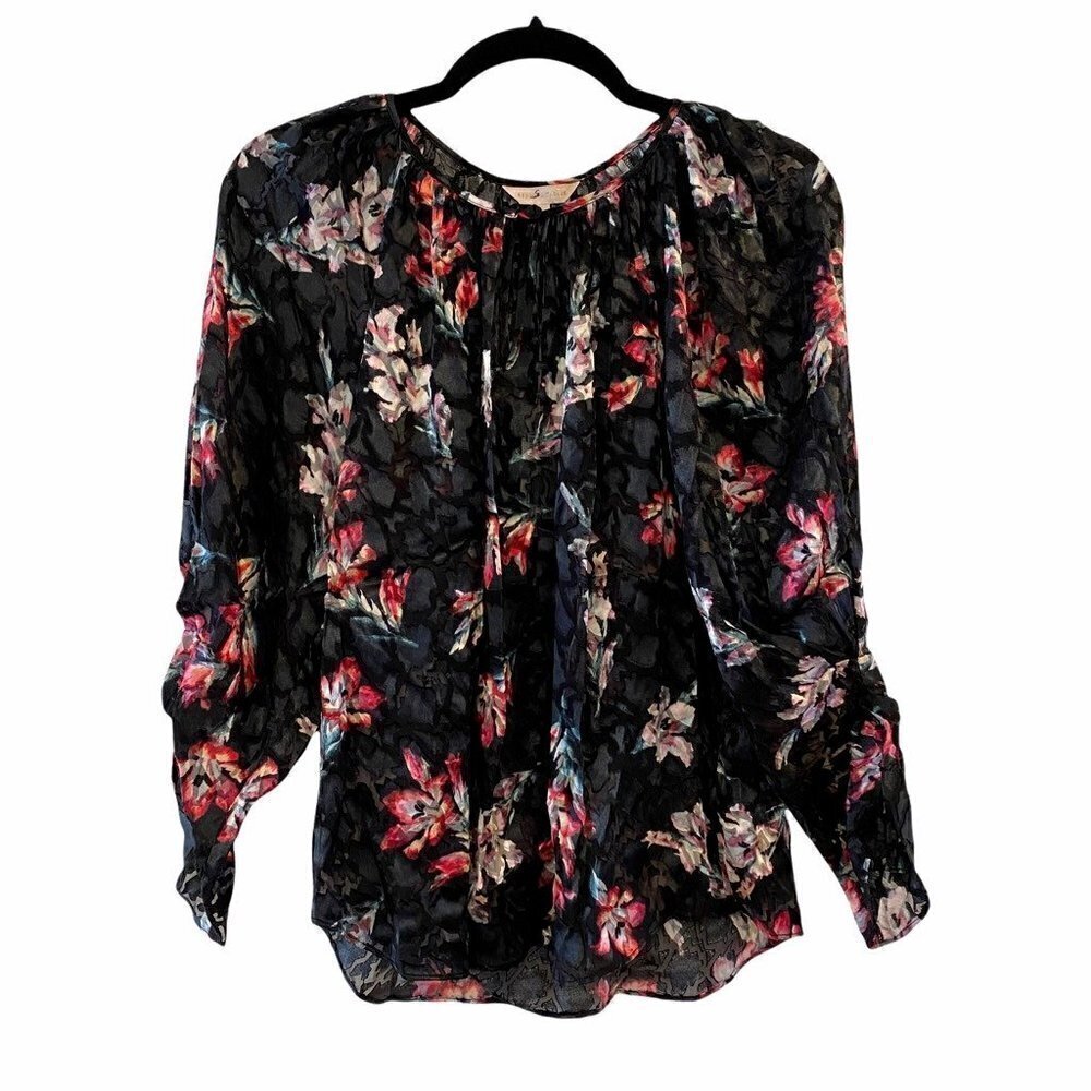 Rebecca Taylor Womens Noha Blouse Black Floral Long Sleeve Keyhole Neck 6 New